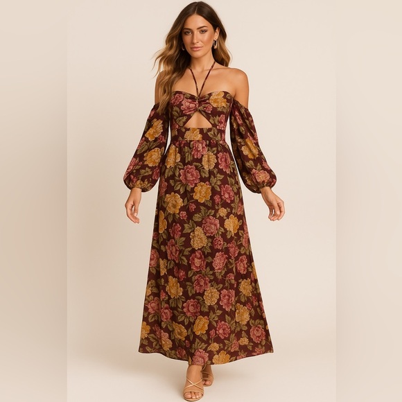 En Crème Floral Maxi Dress Boho Cutout Halter Long Sleeve Burgundy Yellow NWT M - Picture 1 of 12